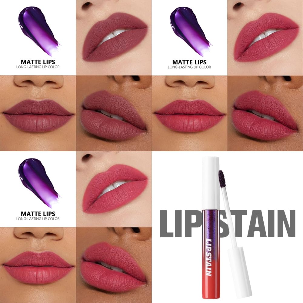 evpct 3Pcs Peel Off Lip Stain Tints, Maroon Mauve Red Matte Liquid Lipstick Lip Stain Long Lasting Waterproof for Women, Non-stick Cup Lipstick Peel Off Highly Pigmented Not Faded Smudge-proof Liptint