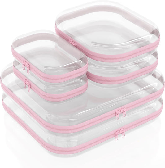 Extra Large 13.7" Durable Clear Hard Zipper Case 6 Pack, 2x Large, 2x Medium, 2x Small, Clear Travel Makeup Bag, Hard Plastic Travel Toiletry Bag for Women, Toy & Make Up Organizer Pouch