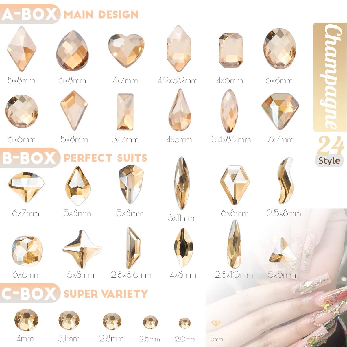 3 Boxes Champagne Gold Nail Rhinestones 240 Multi-Shapes Golden Stones Big Gems Round Beads K9 Glass Diamonds Jewels Crystals Nail Art Charms for Nails Face Eyes Makeup Tumblers Bottles Clothes