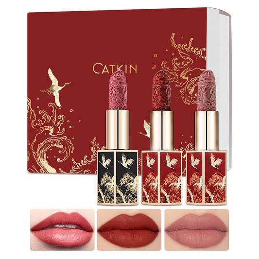 Catkin Carving Lipstick 3pcs Set Silky Smooth Moisture Long Lasting Highly Pigmented Waterproof for Lip Color Makeup 0.13 Ounce X 3 Gift for women