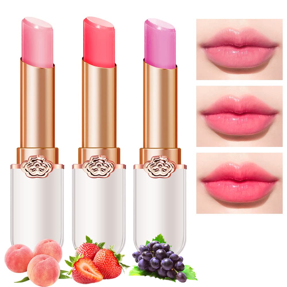evpct 3Pcs Magic Color Changing Lipstick Long Lasting Waterproof 24 Hours Original for Women, Peach Strawberry Grape Pink PH Mood Permanent Color Changing Lipstick Lip Balm Gloss, labial magico