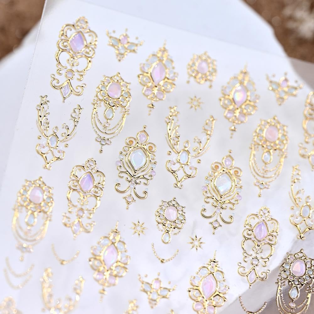 1 Sheet 5D Self-Adhesive Gem Nail Stickers Vintage Style Totem Nail Supplies 5D Embossed Gold Necklace Nail Decals Pink Diamond Nails Designs Baroque Scepter Nails Art Decoration for Women Manicure