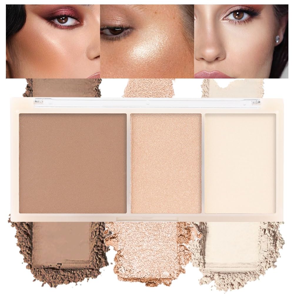 3 IN 1 Brown Nude Face Highlight Bronzer Powder Palette for Face Cheeks Contour Brightening, Buildable Matte Coverage Natural Makeup,Ultra Sculpt Nose Shadow Eyeshadow Primer 01#