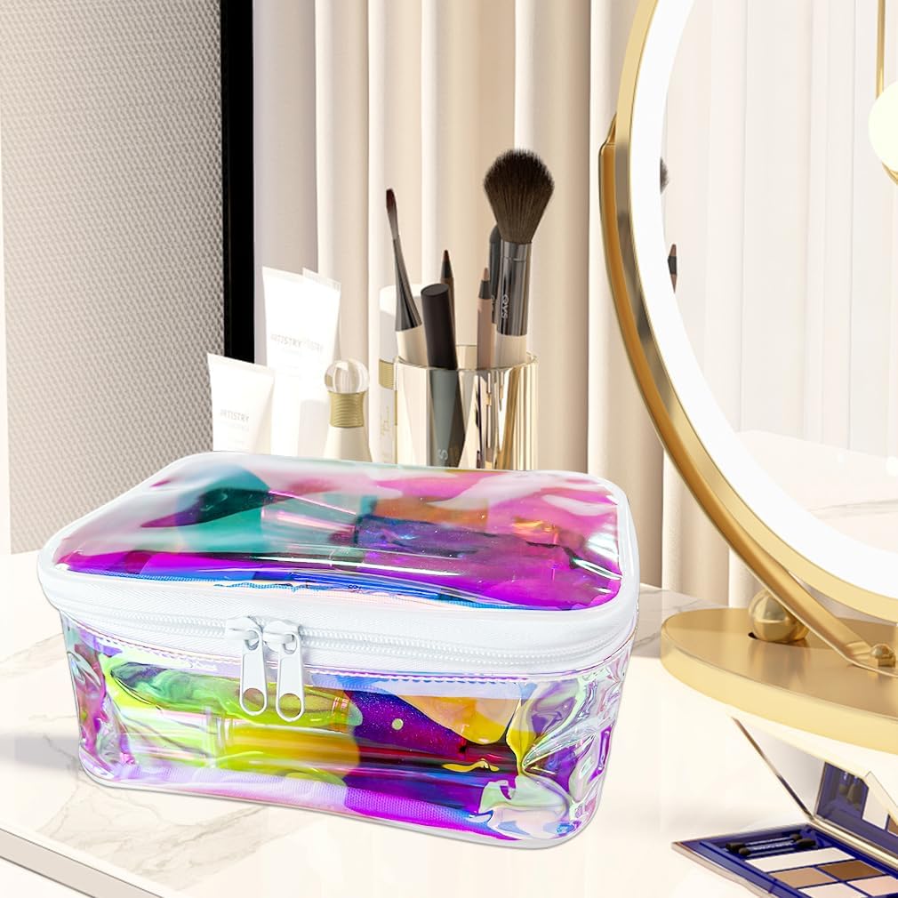TPU Holographic Clear Makeup Bags Bulk,Clear Storage Bag Toiletry Pocket Portable Zippered Iridescent Pouch Waterproof Cosmetic travel Bags with white zipppe for Women