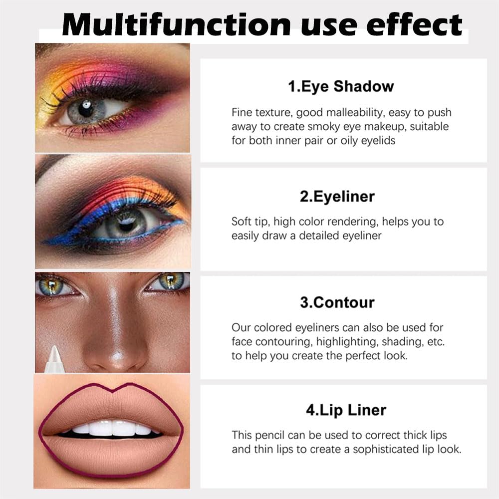 12Pcs Colored Gel Glitter Eyeliner Pencils Set Dark Light Emerald Green Sky Royal Blue Black White Pink Purple Brown Gold Eyeliner Pencils Eye Liner Liquid Liner Waterproof Smudge Proof delineadores