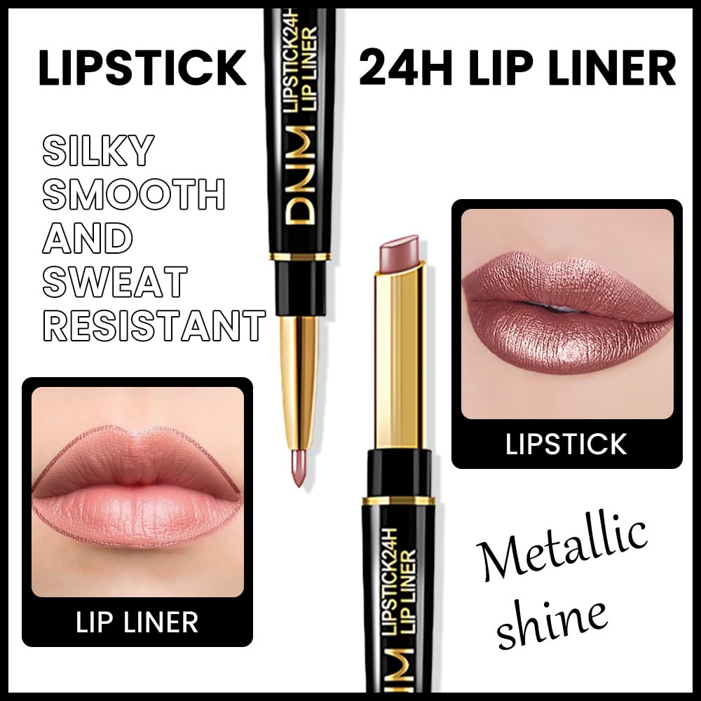 Kaely 2-in-1 Nude Brown Metallic Shine Shimmer Lip Liner & Lipstick Combo Set Kit for Women, Lightweight Hydrating Formula High Impact Full Coverage Lipstick and Lip Liner Makeup Gloss 18