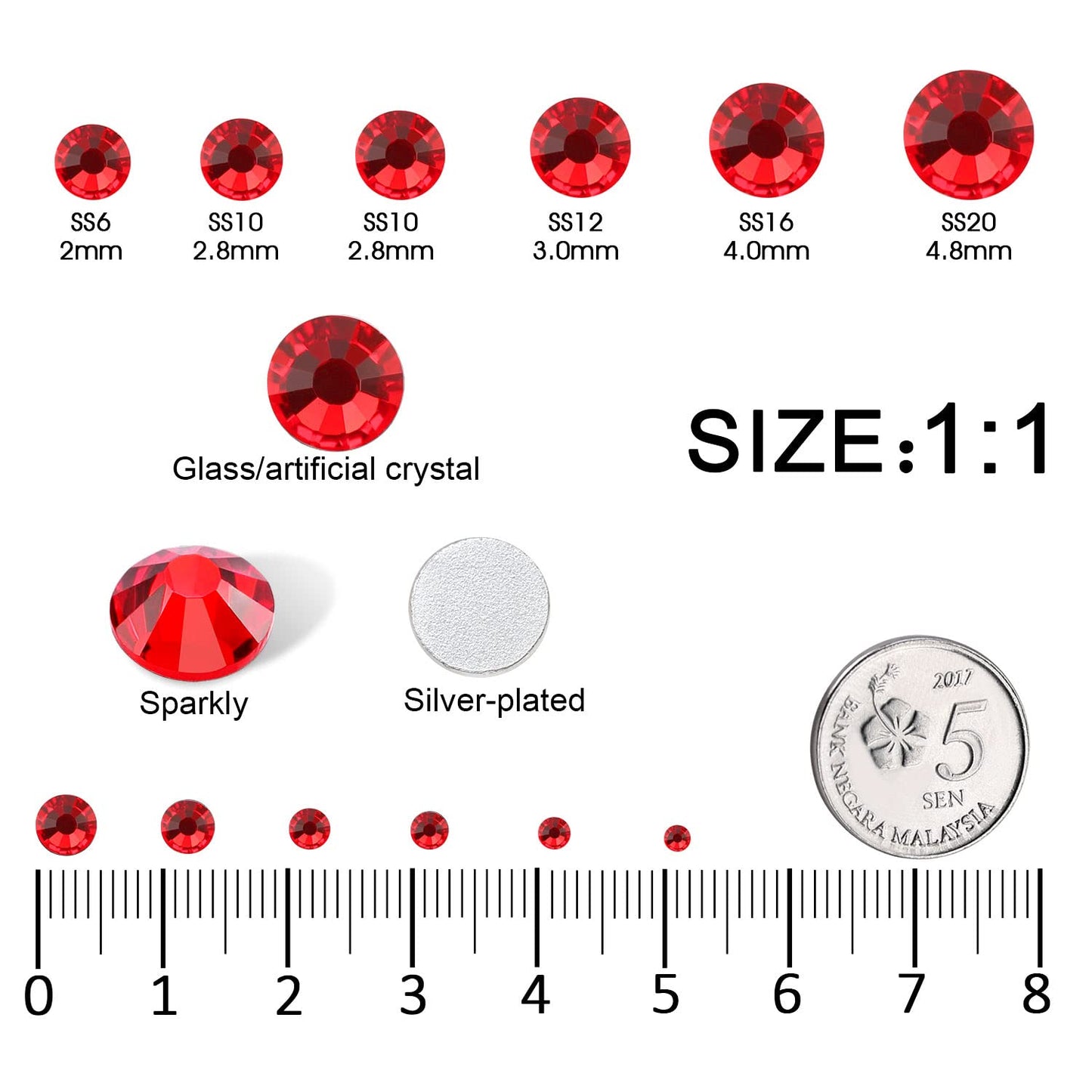 4240Pcs Flatback Red Rhinestones Glass Crystal Diamonds for Nail Art Eye Jewels Glitter Round with Tweezers and Picking Pen (SS6~SS20 Set)