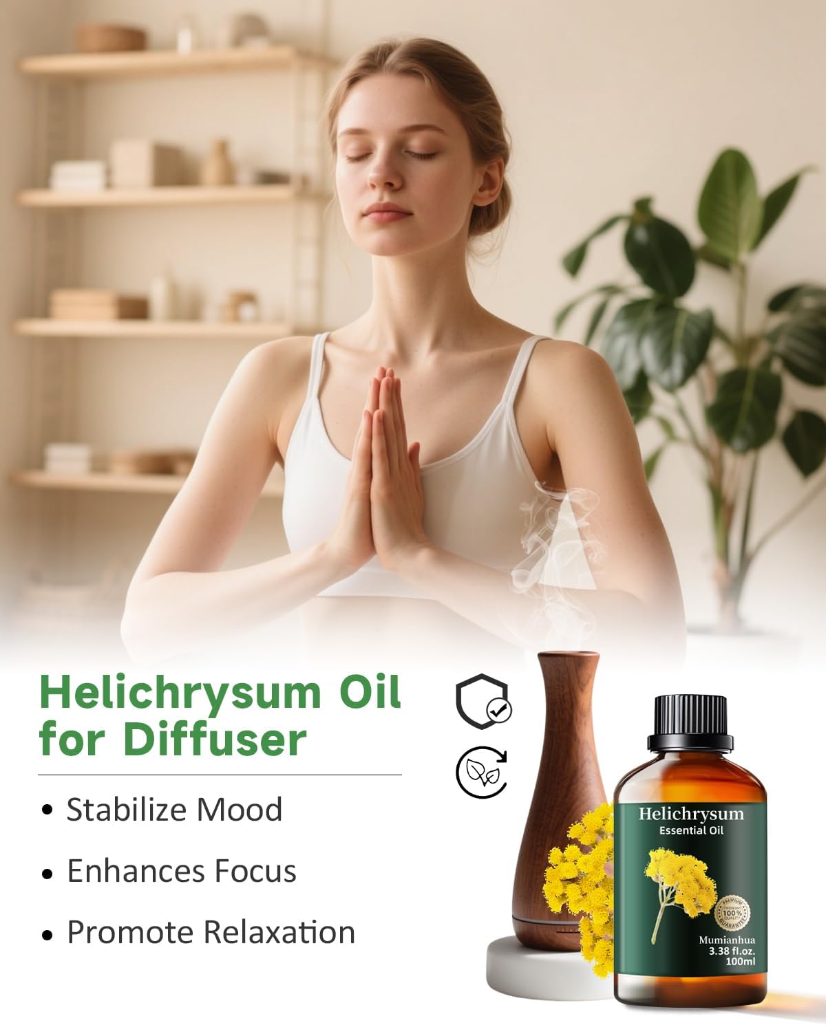 Mumianhua 100% Pure Helichrysum Essential Oil Undiluted & Natural Helichrysum Oil for Home Diffusers, Massages, DIY, Skin, Self-Care, Aromatherapy, Soap Making, Candle Making 3.38 Fl oz
