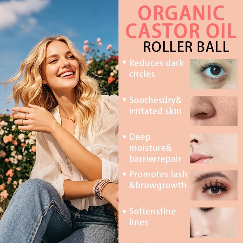 Organic Castor Oil Roll-On with Rose Quartz Roller, 1.7 fl oz – 100% Pure & Cold-Pressed, Hexane-Free, Extra Virgin Golden Oil for Skin, Brows, Lashes & Mess-Free Castor Packs