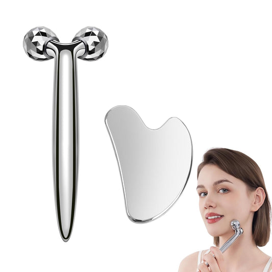 3D Gua Sha Facial Tools Metal Face Roller Stainless Steel Gua Sha Set Cooling Massage Tools for Reduce Puffiness, Firm Skin, Anti-Aging Care - Daily Facial Sculpting Gift for Women