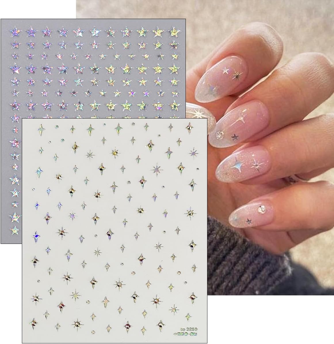 Holographic Star Nail Stickers 3D Glitter Silver White Stars Nail Design Nail Art Supplies Laser Star Nail Decals Self-Adhesive Nail Decoration Kit for Women Girls DIY Manicure Tips 6 Sheets