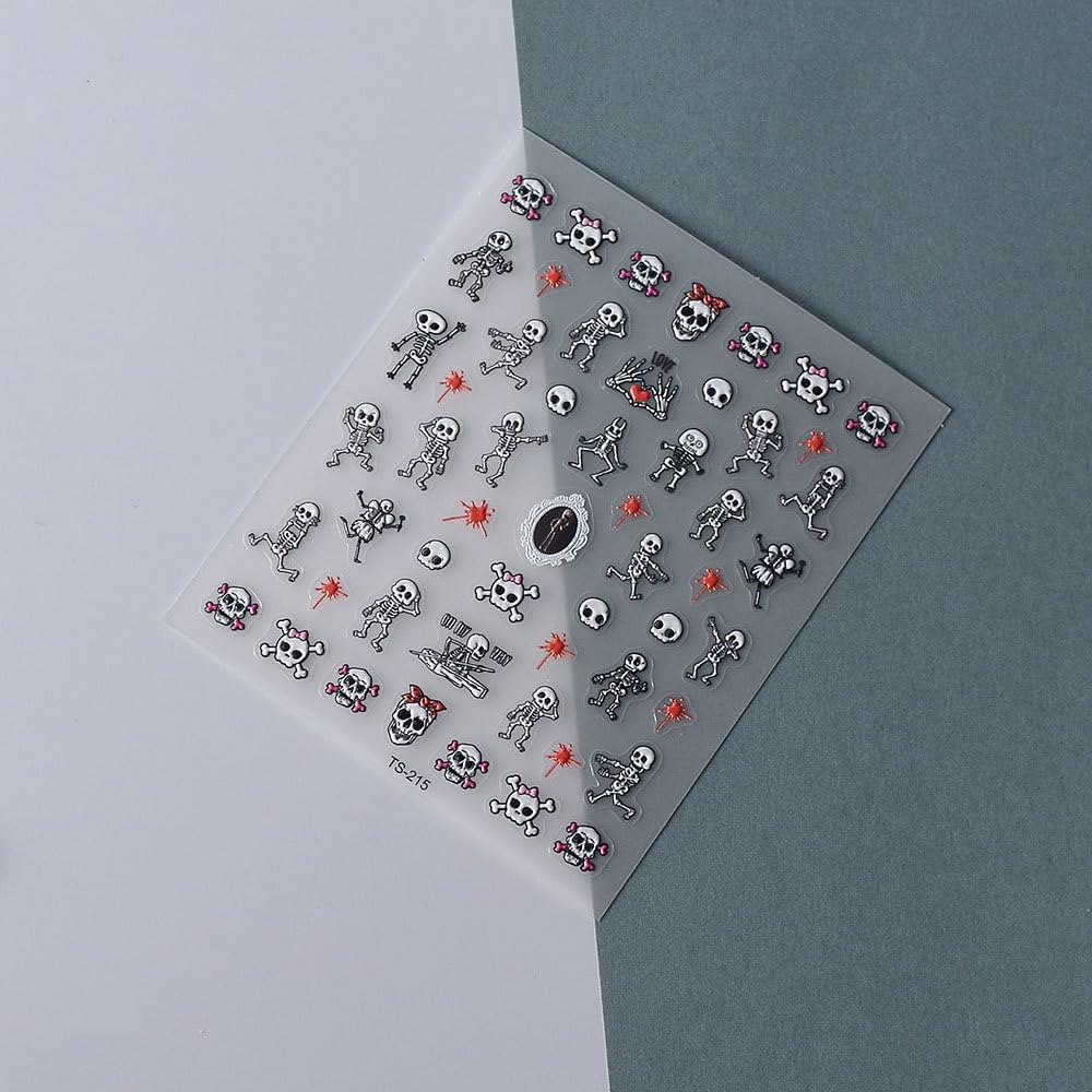 Halloween Nails Stickers Skeleton Nails Sticker 3D Embossed Red Blood Skull Self Adhesive Sticker Nail Decals Funny Skeleton Body Nail Art Decal Halloween Decals for Nail DIY Manicure 1Sheet