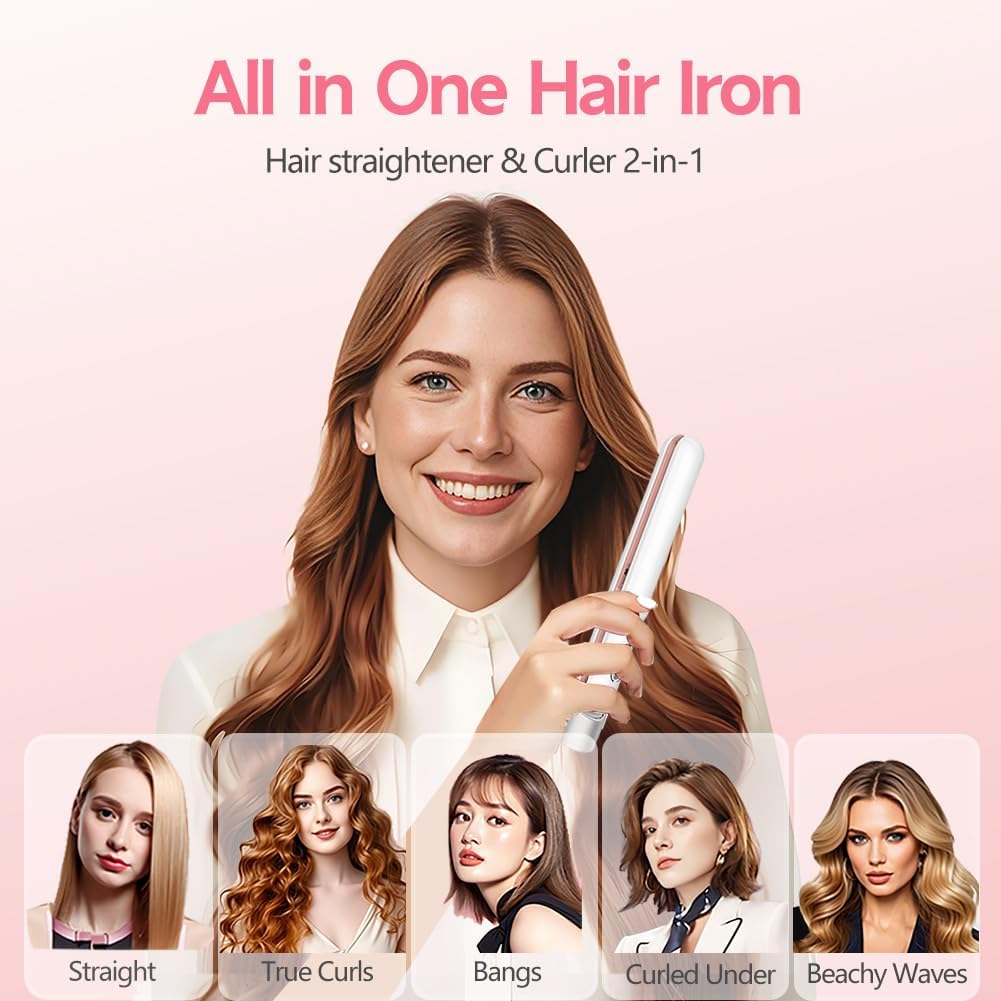 Cordless Hair Straightener and Curler 2 in 1, Fast Heating Ceramic Flat Iron,Rechargeable Portable Hair Straightening Iron for Women, Travel Hair Styler
