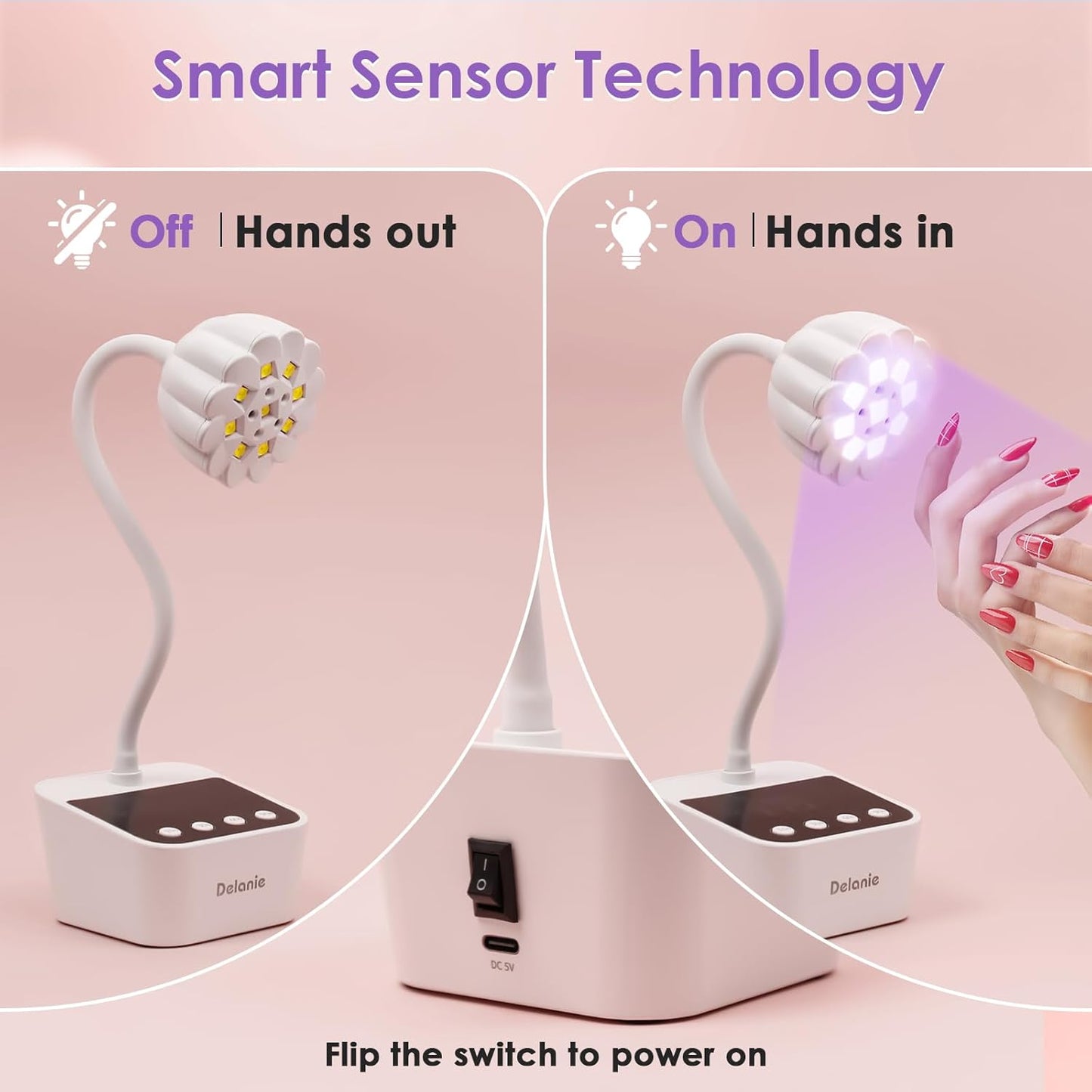 Delanie UV LED Nail Lamp Flash Cure Light - Rechargeable Cordless Gooseneck Nail Curing Light for Gel Polish Glue Extension, White