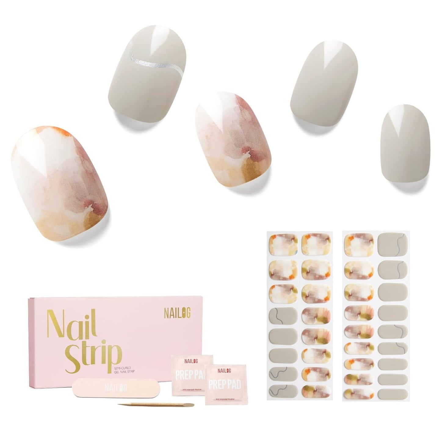 Semi Cured Gel Nail Strips - NAILOG 34 Pcs Art Painting Nail Stickers Extra Long Wraps with Glossy Gel Finishing for Autumn Winter, Like A Painting