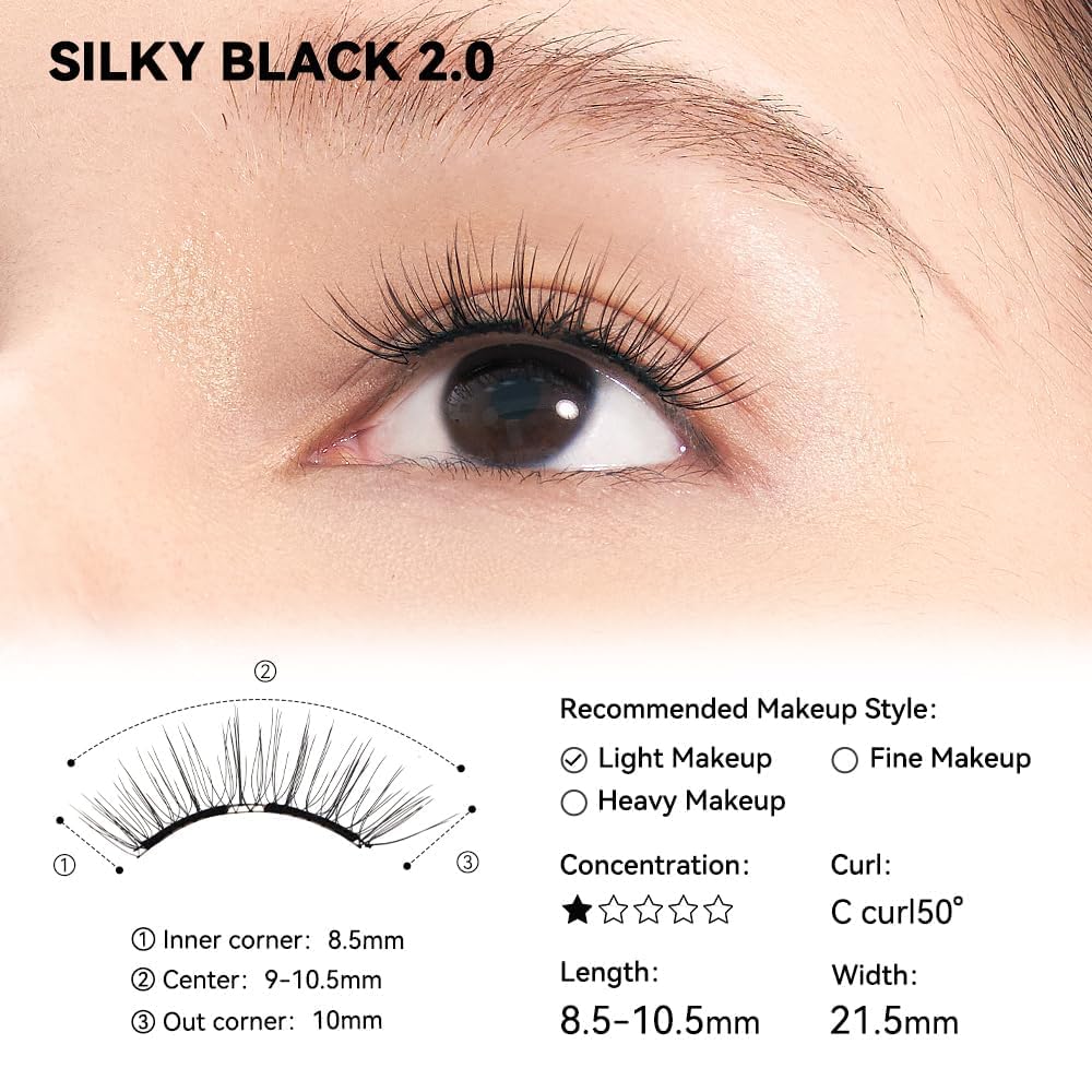 Soft Magnetic Eyelashes Kit with Applicator, [Silky Black II] 21.5mm Reusable Glue-free Wispy Magnetic Lashes, Cruelty-free False Lashes, Waterproof, Lightweight, Suit for Heavy Makeup