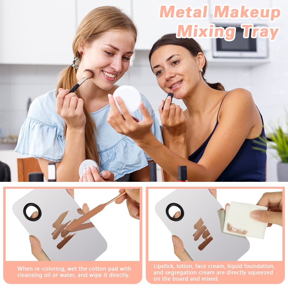 3PCS Makeup Mixing Palette, Stainless Steel Cosmetic Makeup Palette With Spatula Makeup Artist Tool, Professional Cosmetic Mixing Makeup Palette For Mixing Eye Shadow/Eyelash/Nail Art/Foundation