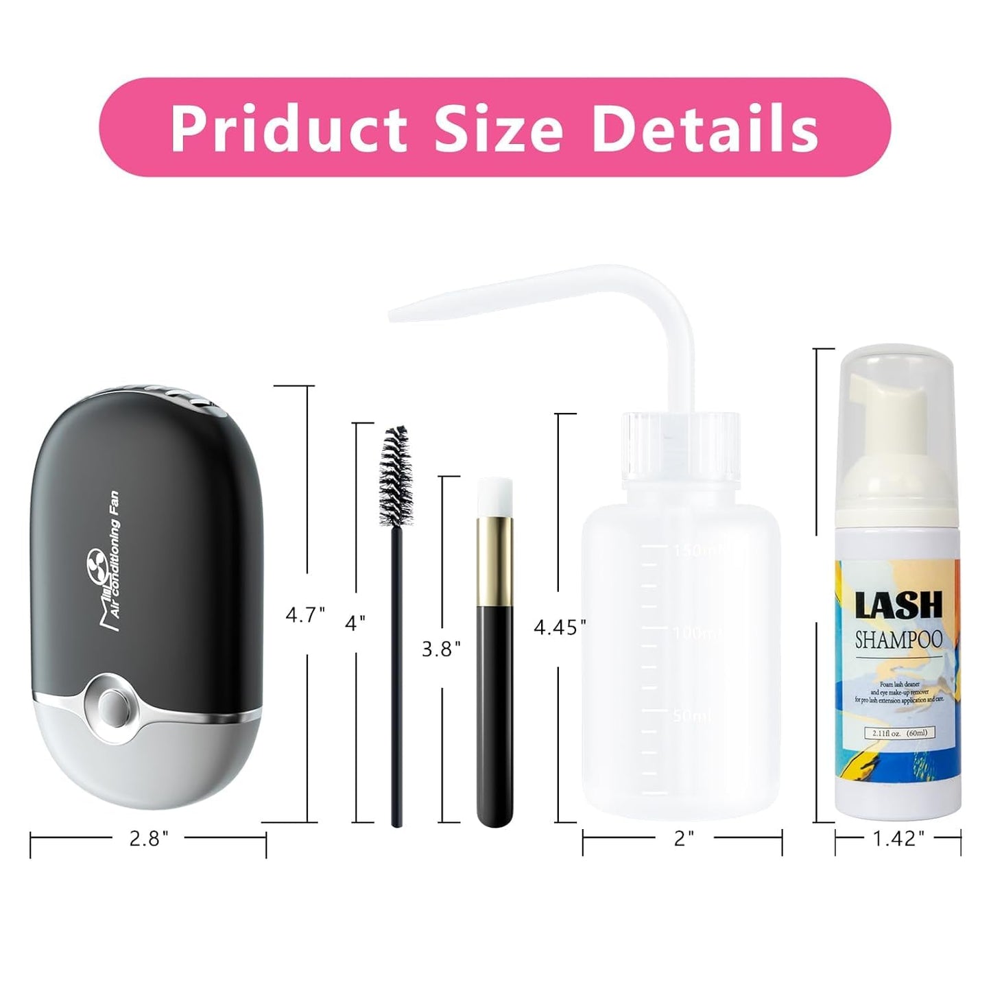 Buqikma Lash Shampoo for Lash Extensions, Mini Lash Fan 2.11Floz Rich Foam Eyelash Shampoo 50 Pcs Eyelash Brush and Rinse Bottle for Eyelash Wash Remover Lash Extension Cleanser for Home Use (Black)