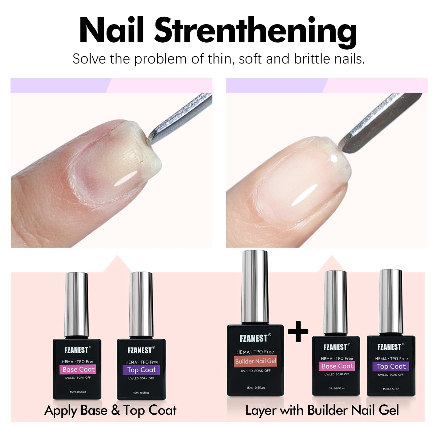 FZANEST Builder Gel With Top and Base Coat HEMA TPO-Free, 15ml * 3pcs Clear Gel Nail Polish Kit for Nail Strengthening Building Apex Extension Soak Off No Wipe Top Coat Base Harden Nails
