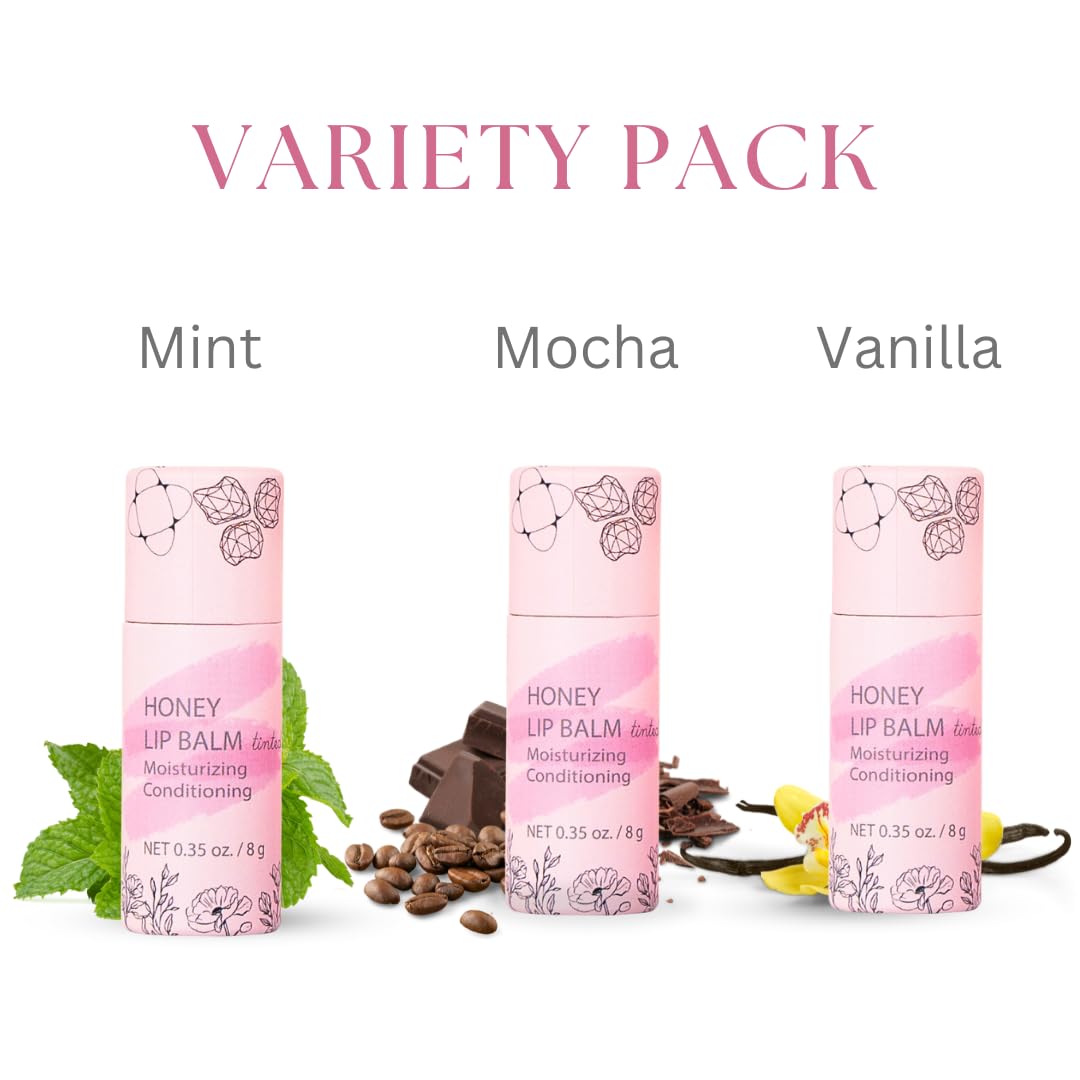 Organic Honey Lip Balm - 100% Grassfed Beef Tallow Chapstick for Women, Natural Raw Honey & Argan Oil - Ultra Moisturizing, Conditioning, Chemical Free - 3 Pack (3x0.15 oz) Tinted