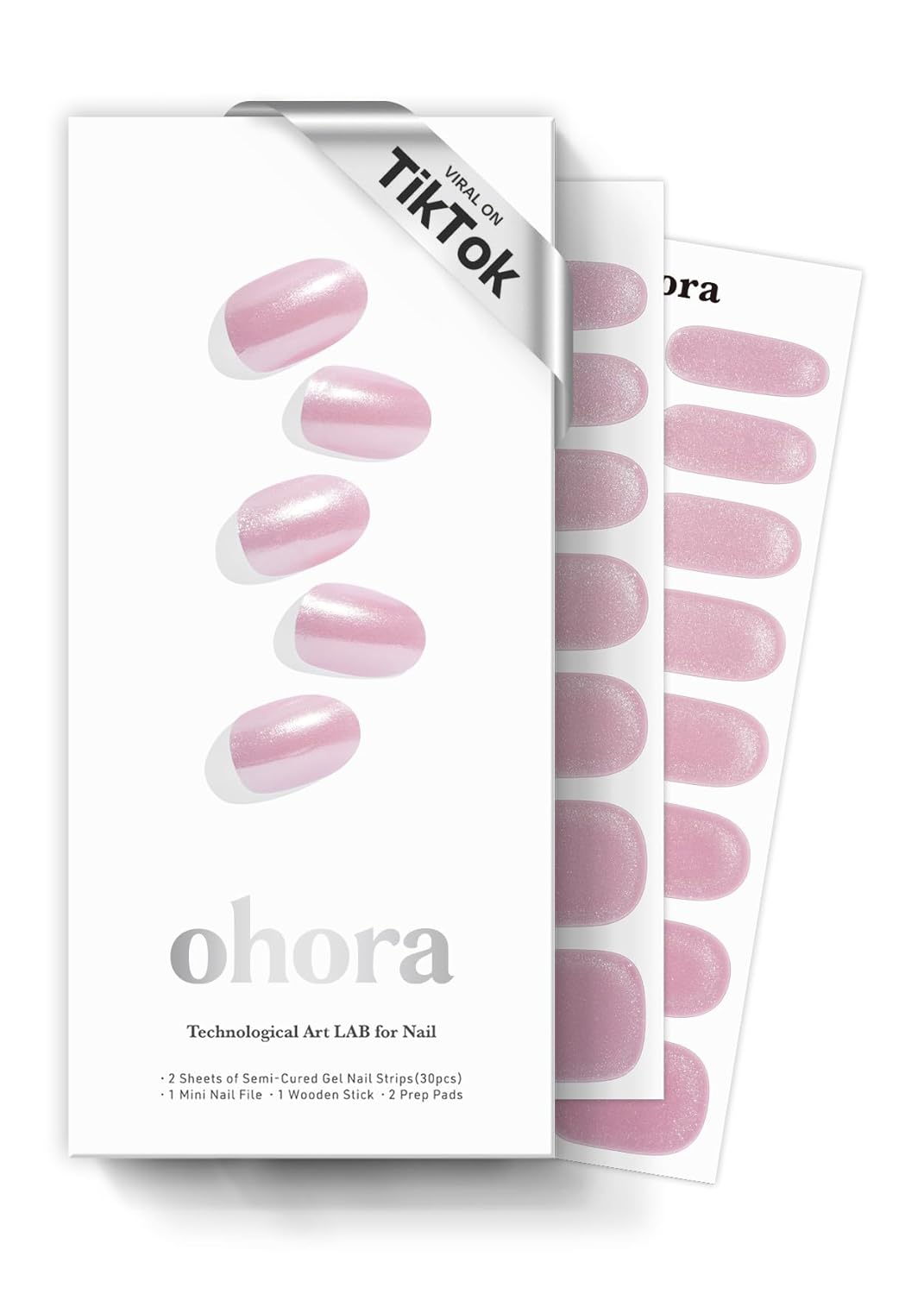ohora Semi Cured Gel Nail Strips (N Baby Pink Chrome) - Works with Any Nail Lamps, Salon-Quality, Long Lasting, Easy to Apply & Remove - Includes 2 Prep Pads, Nail File & Wooden Stick