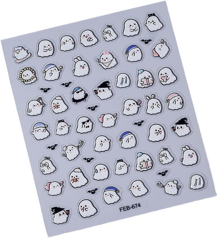 Halloween Nails Stickers White Ghost Nails Sticker 3D Embossed Cute Ghosts Self Adhesive Sticker Nail Decals Ghost with Hat Nail Art Decal Halloween Decals for Nail DIY Manicure 1Sheet