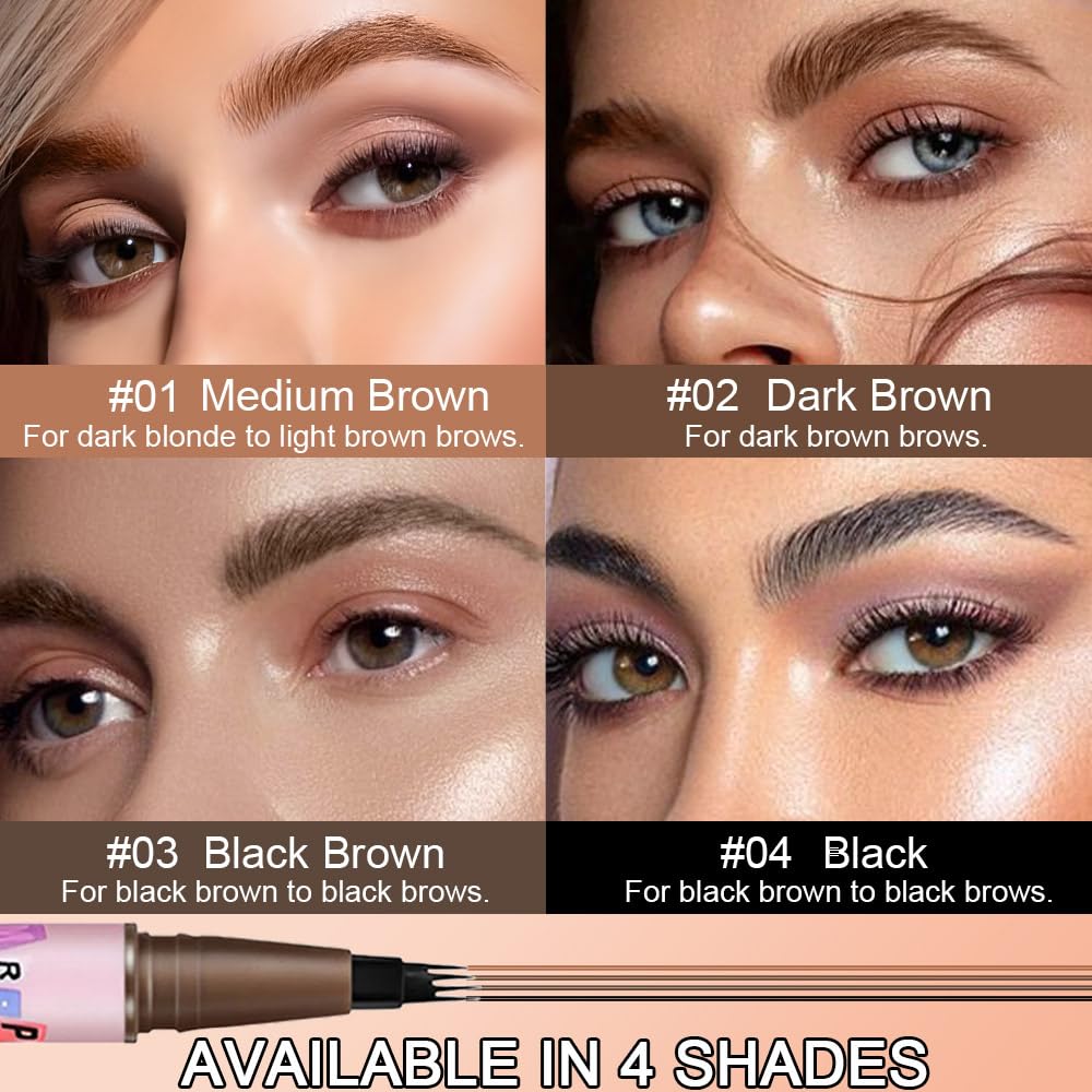 Magic Microblade Eyebrow Pencil, 4 Tipped Precise Eye Brow Contouring Pen, Create Natural Looking Brows Eyebrow Makeup Waterproof (2, 04# 2Pcs Fiber Head-Black)