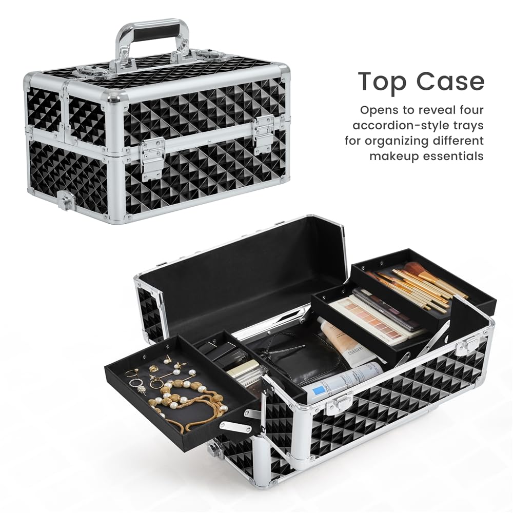 Yaheetech Rolling Makeup Train Case 3 in 1 Cosmetic Case Professional Makeup Suitcase Large Aluminum Cosmetic Trolley with Swivel Wheels and Key, Diamond Pattern- Black