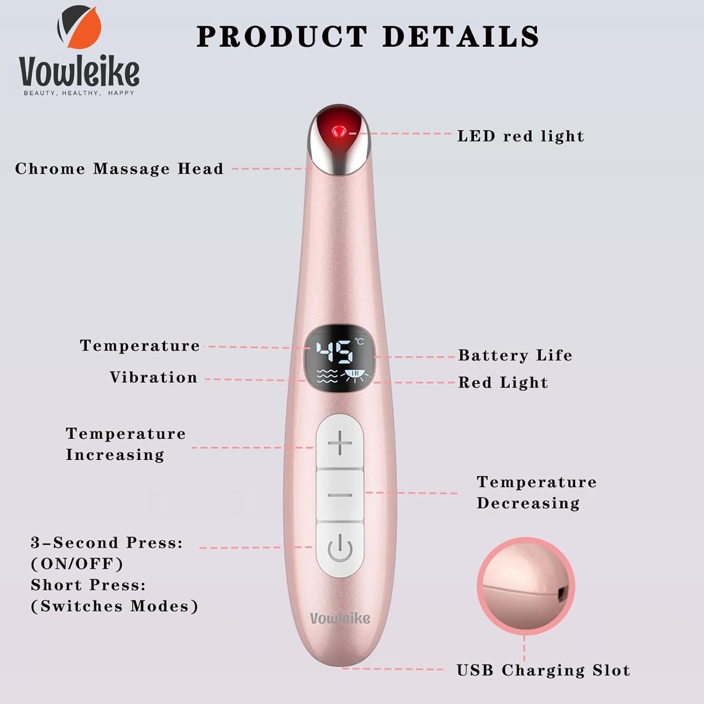 Eye Lift Wand, 3 in 1 Vibrating 98°F to 113°F LCD Eye Massager for Dry Eyes, Dark Circles and Puffiness, Face & Neck Lifting Tool for Fine Lines and Wrinkles, Rose Gold