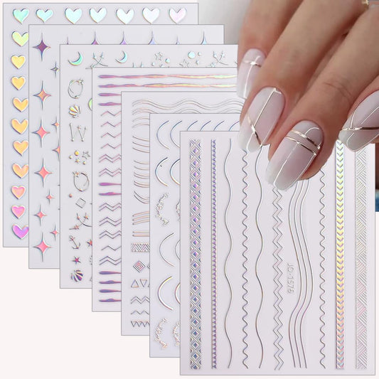 12 Sheets French Line Nail Art Stickers Aurora Star Heart Nail Decals Self-Adhesive Pegatinas Uñas Glitter Holographic Laser Silver Nail Supplies for Women Nail Art Design Decoration