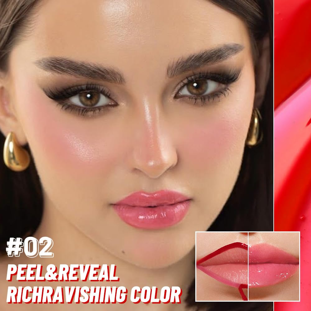 Dewy Rose Lip Stain Peel Off Lip Gloss oil Dual-Ended Combo, Lips Liner Stain Peel Off Tattoo, Long Lasting & Waterproof, Transfer-Proof Lip Tint Stain with Lip oil for All Skin Type 02#
