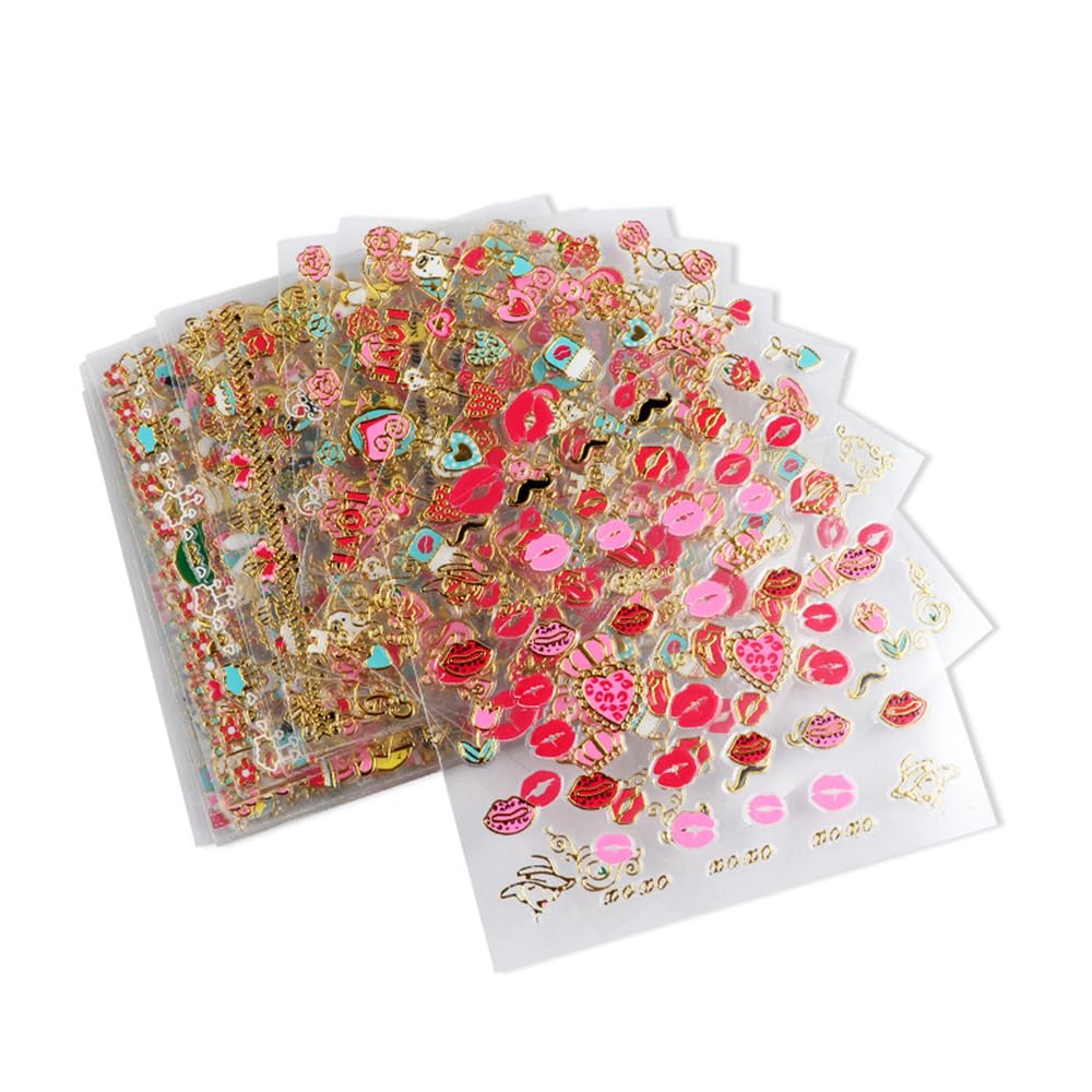 30Pcs Lips Nail Stickers for Valentine's Day 3D Gold Nail Decals Foils Nail Art Supplies Valentines Heart Red Lip Self-Adhesive Nail Design Metallic Nails Stickers for Women Girls DIY Decoration