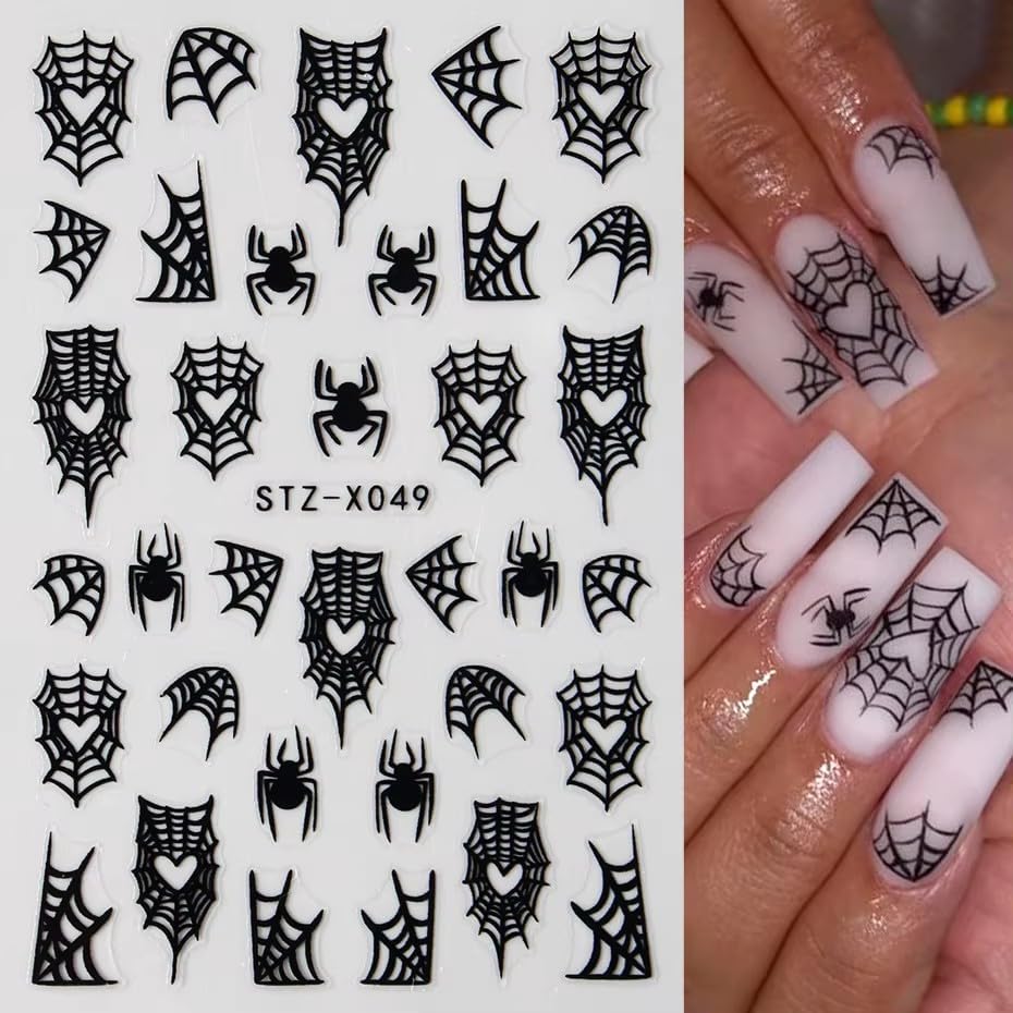 Halloween Nails Stickers Black Spider Web Nails Sticker 3D Embossed White Web Self Adhesive Sticker Nail Decals Black White Heart Web Nail Art Decals Halloween Decals for Nail DIY Manicure 4Sheet