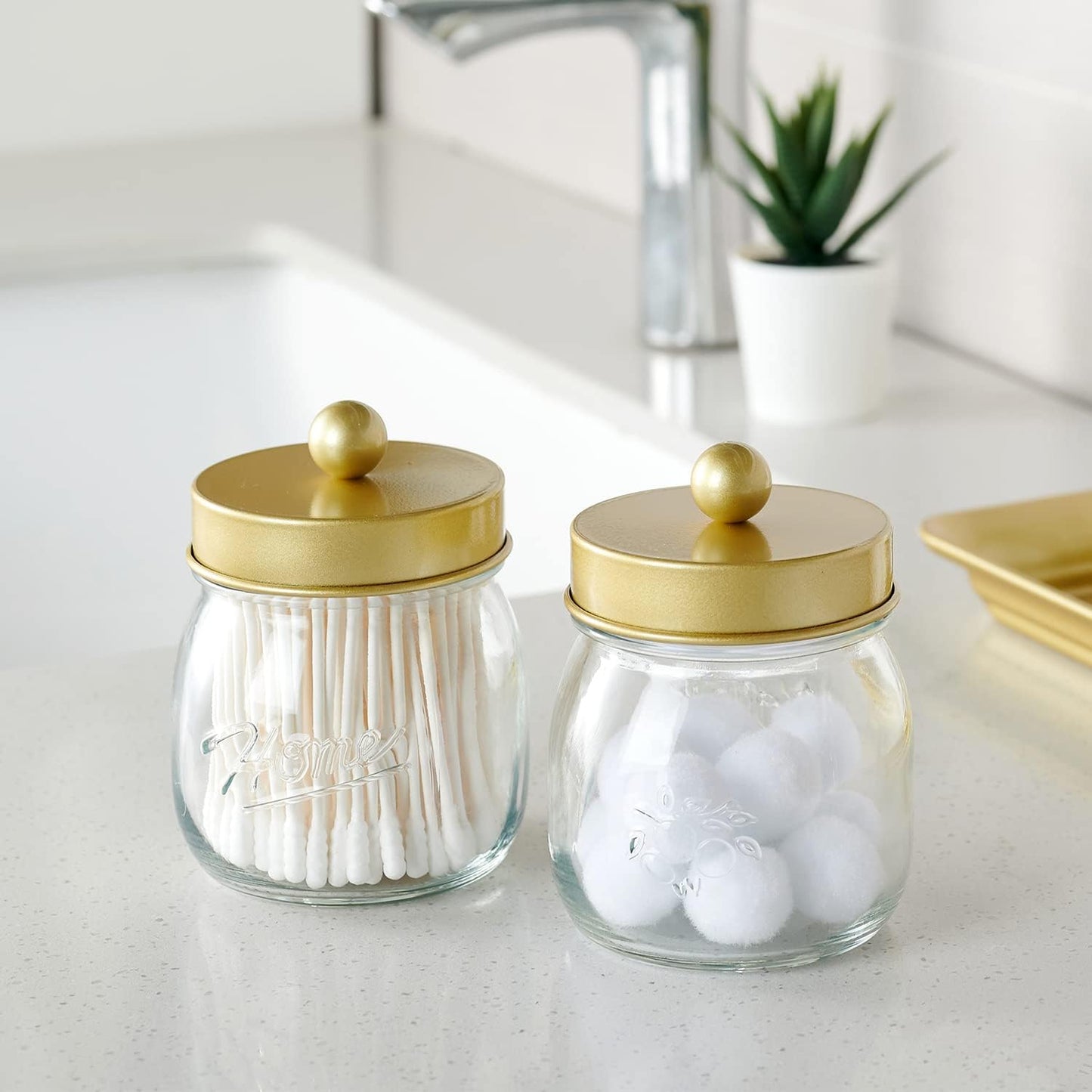 SheeChung 3Pack Warm Golden Undertones Bathroom Decor, Cotton Swab Holders, Bathroom Container Set, Restroom Decor for Cotton Round Pads, Balls, Floss Pick - Brushed Gold
