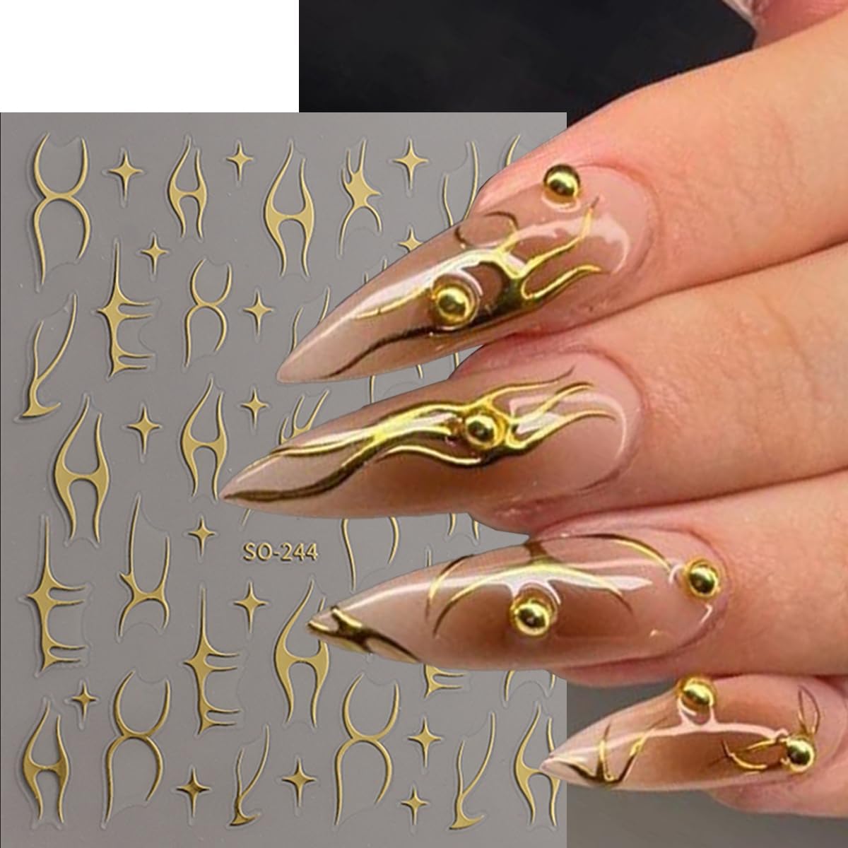 3D Nail Stickers Geometric Nail Art Stickers Fishbone Line Nail Decals Red Gold Black Silver White Irregular Line Mixed Star Design Gothic Nail Sticker for Nail Art Decor Manicure for Women 6Sheets