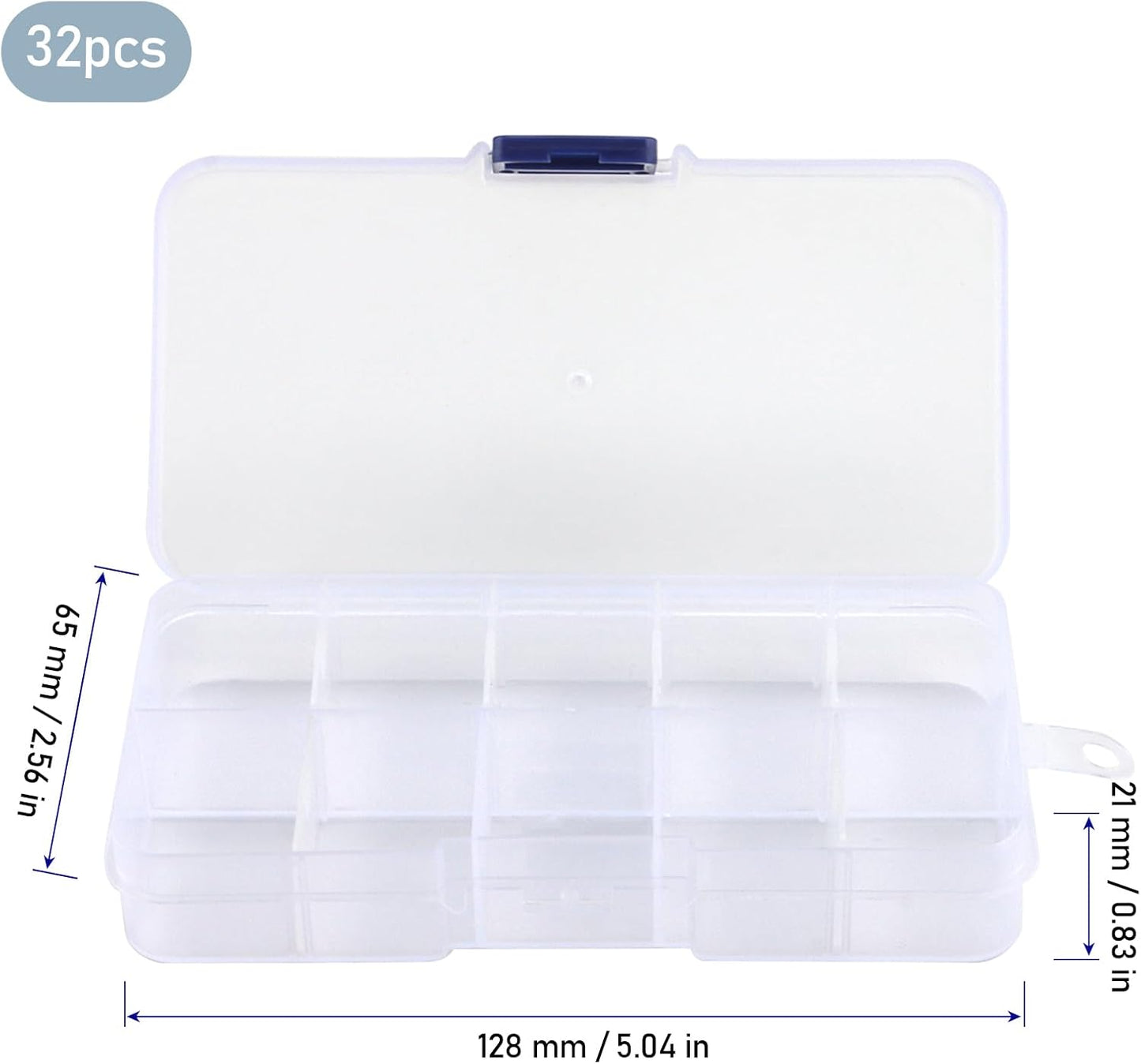 KINJOEK 32 Pack 10 Grids Plastic Bead Organizer Containers Storage, Adjustable Dividers Earring Diamond Jewelry Bead Painting Storage Case, Clear Small Fishing Tackle Box for Cross Stitch Accessories