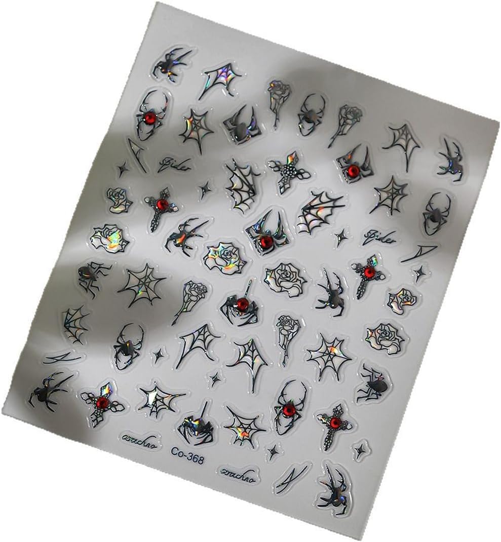 Spider Web Nail Stickers Flower Nail Decals with Rhinestone Design 5D Self Adhesive Nails Art Stickers Charms Supply for Women Girls Kid Halloween Manicure DIY Decoration Accessories