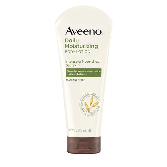 Aveeno Daily Moisturizing Body Lotion, Body Lotion for Dry Skin with Prebiotic Oat, Paraben Free, Fragrance Free, Non-Greasy, Non-Comedogenic Moisturizer, 8 FL OZ
