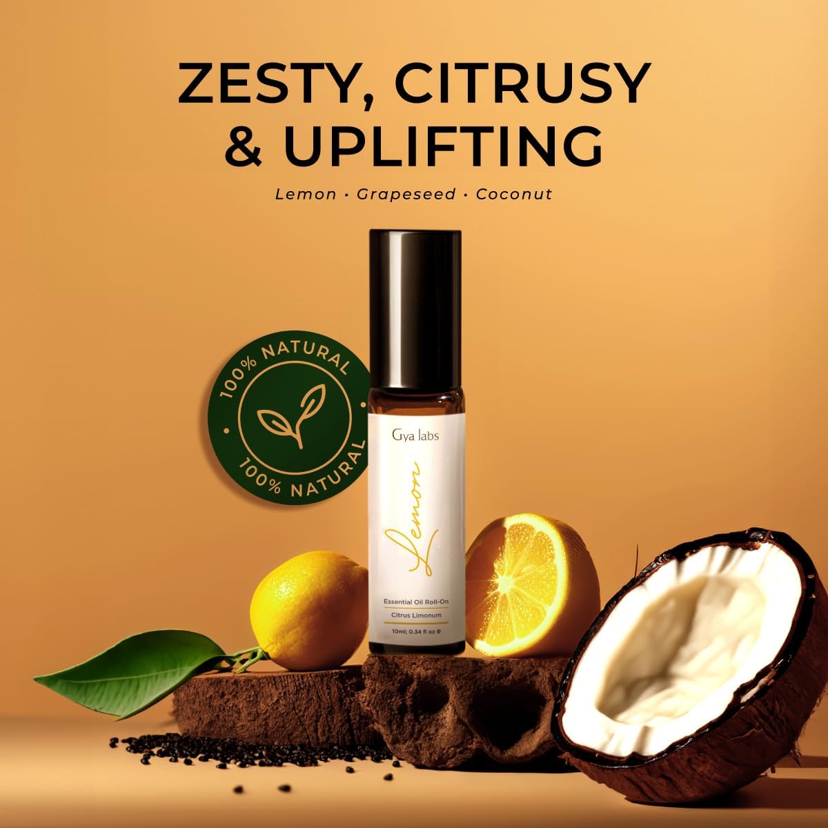 Gya Labs Lemon Essential Oil Roll on for Skin - Refreshing Lemon Perfume Oil for Women & Men, 100% Pure Natural, Aromatherapy, Travel Size (0.34 Fl Oz)