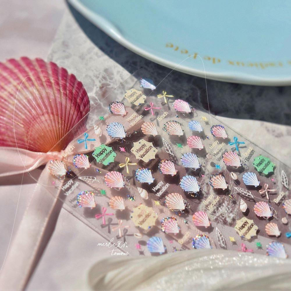 2 Sheets Summer Nail Stickers Colorful 3D Self-Adhesive Beach Conch Nail Decals 5D Embossed Ocean Nail Art Stickers Aurora Pearl Seashell Sticker Manicure Nails Accessories for Women DIY