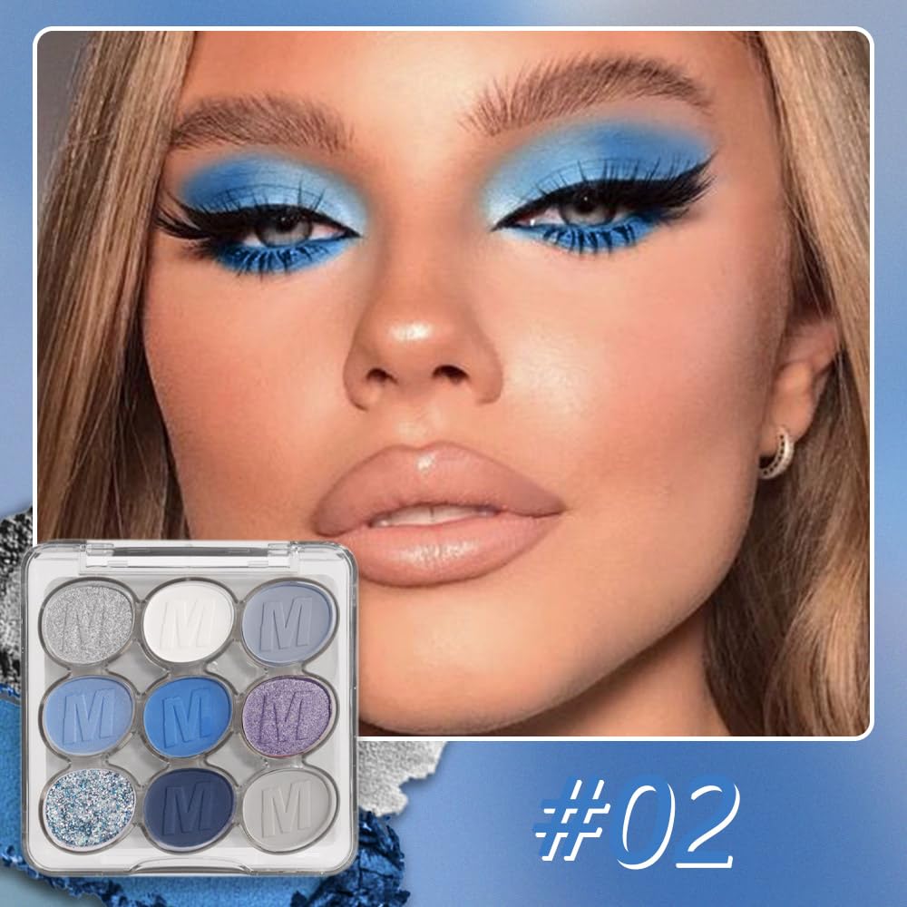 9 Colors Blue Silver Matte Shimmer Eyeshadow Palette for Eye Makeup,High Pigmented White Gray Eye Shadow Primers Powder Palet de sombras de ojos