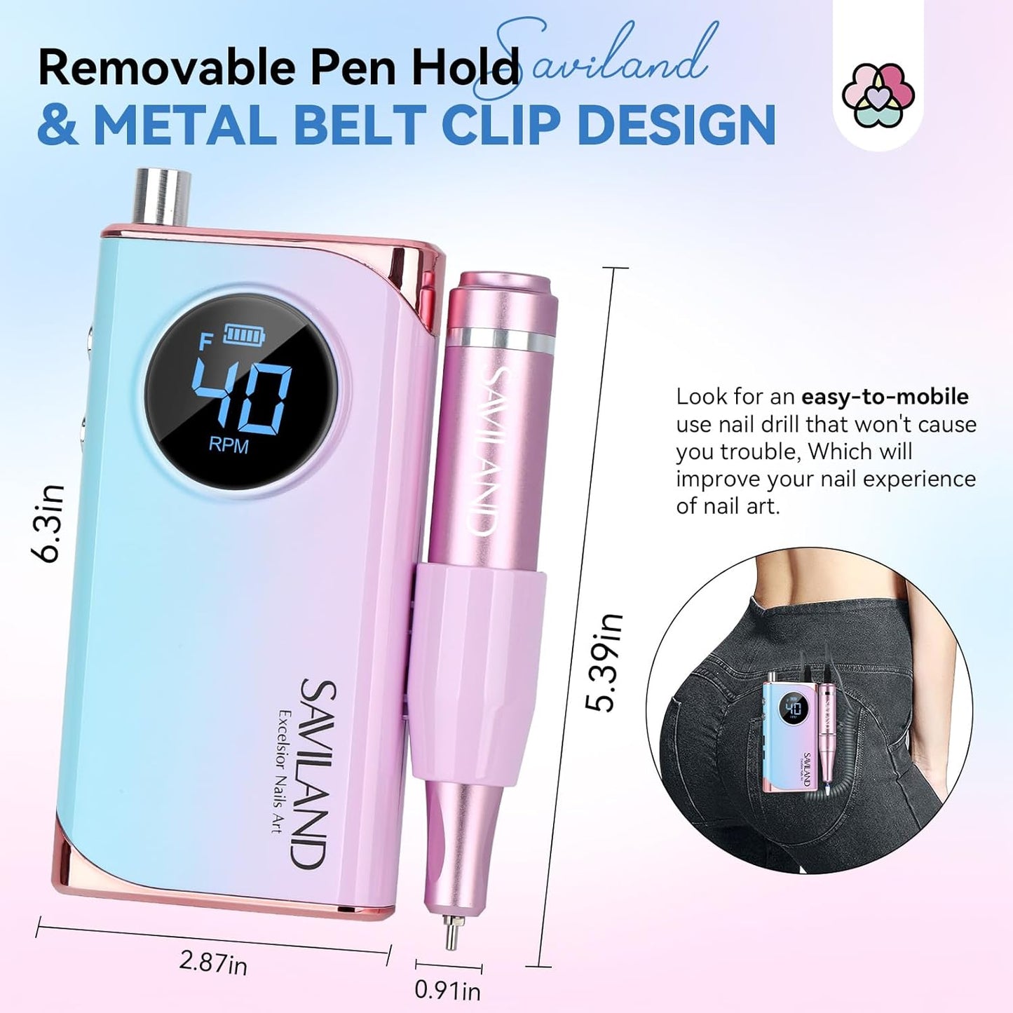 SAVILAND Nail Drill Professional: 40000RPM Electric Nail File 2024 Macaron Gradient Pink Nail Drill Machine for Faster Removel Acrylic Nail Salon at Home Use Manicure Pedicure Manicurist Good Choice