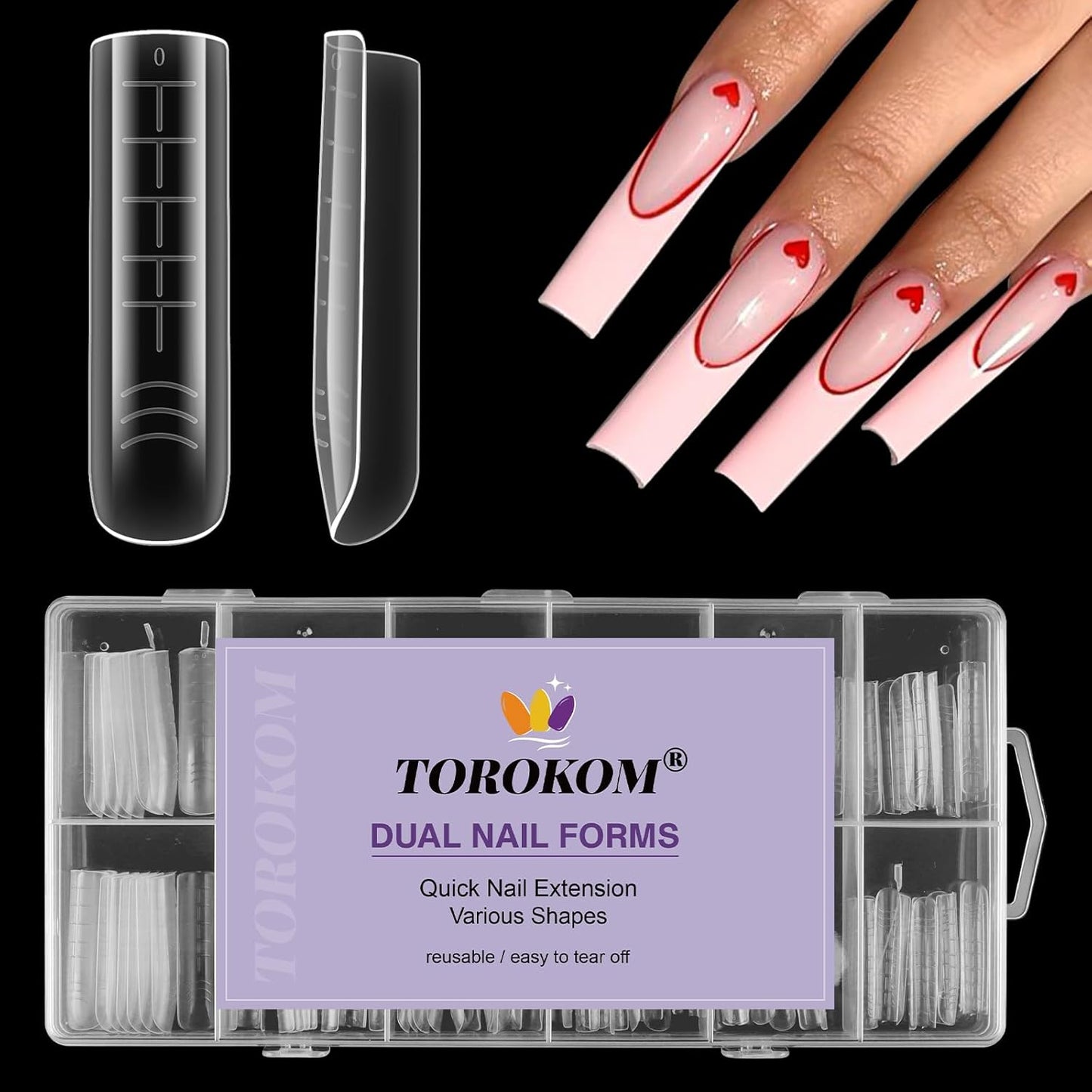 TOROKOM 120Pcs Poly Extension Gel Dual Nail Forms Square Clear Nail Forms Full Cover Coffin Nail Molds 12 Sizes for Gel Manicure Nail Art Design Salon&DIY