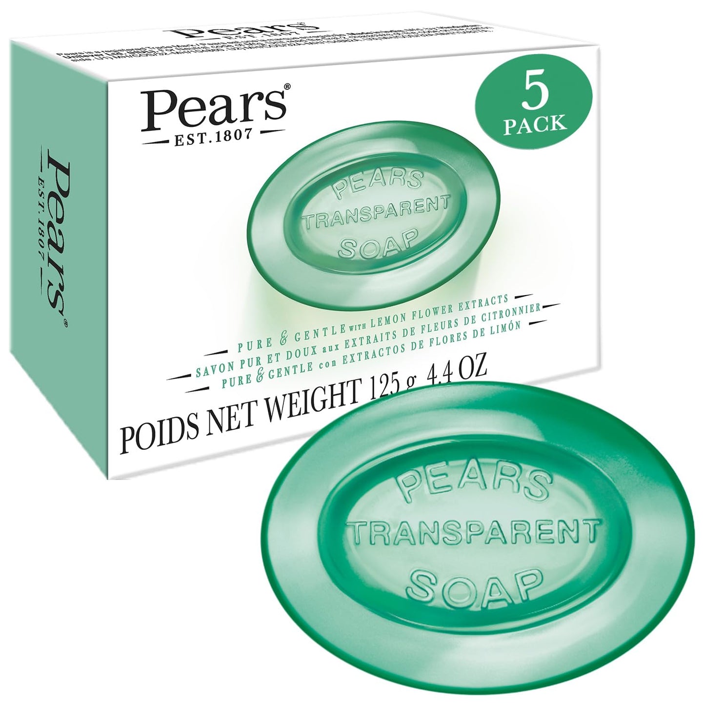 Pears Soap, Pure & Gentle with Lemon Flower Extracts, 5-Pack – Transparent Green Glycerin Soap for Radiant, Glowing Skin, 4.4 Oz Ea