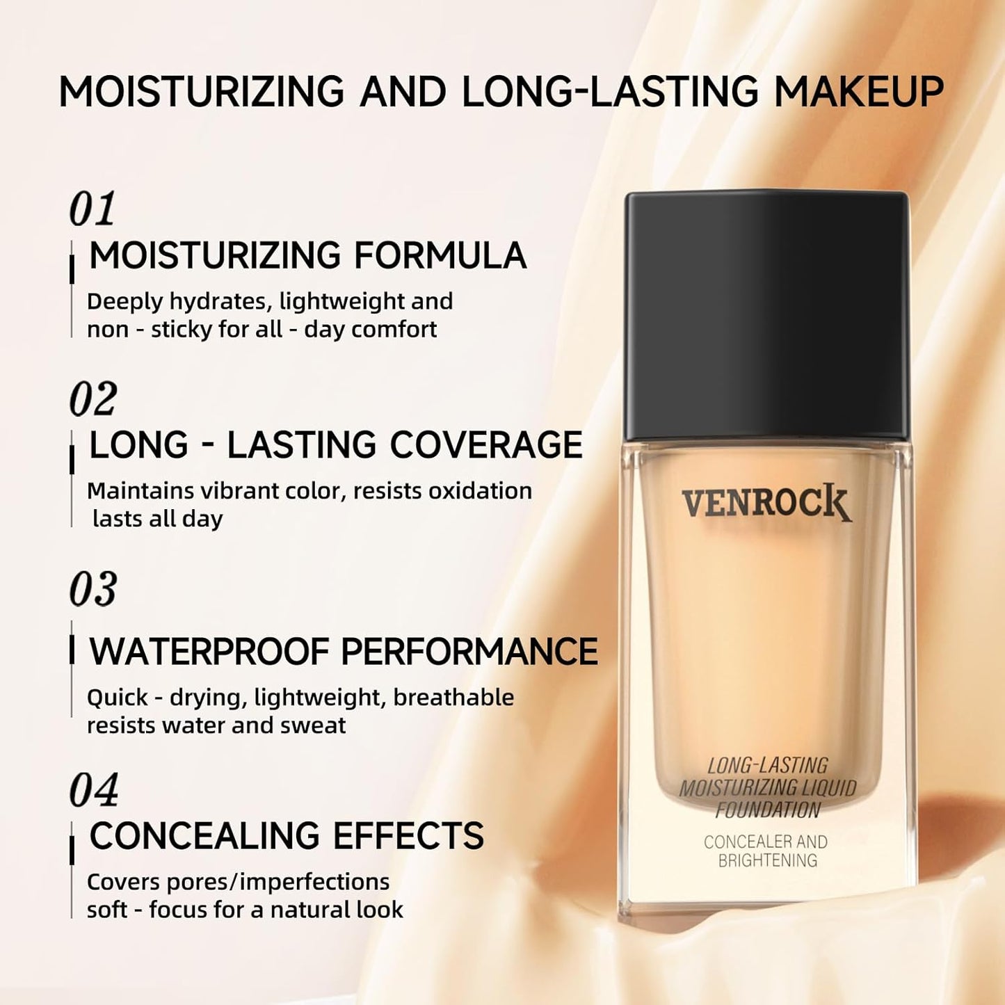VENROCK 24HR Long-Lasting Moisturizing Liquid Foundation | Radiant, Waterproof, Concealing & Oil-Control (01# Ivory White, 30ml)