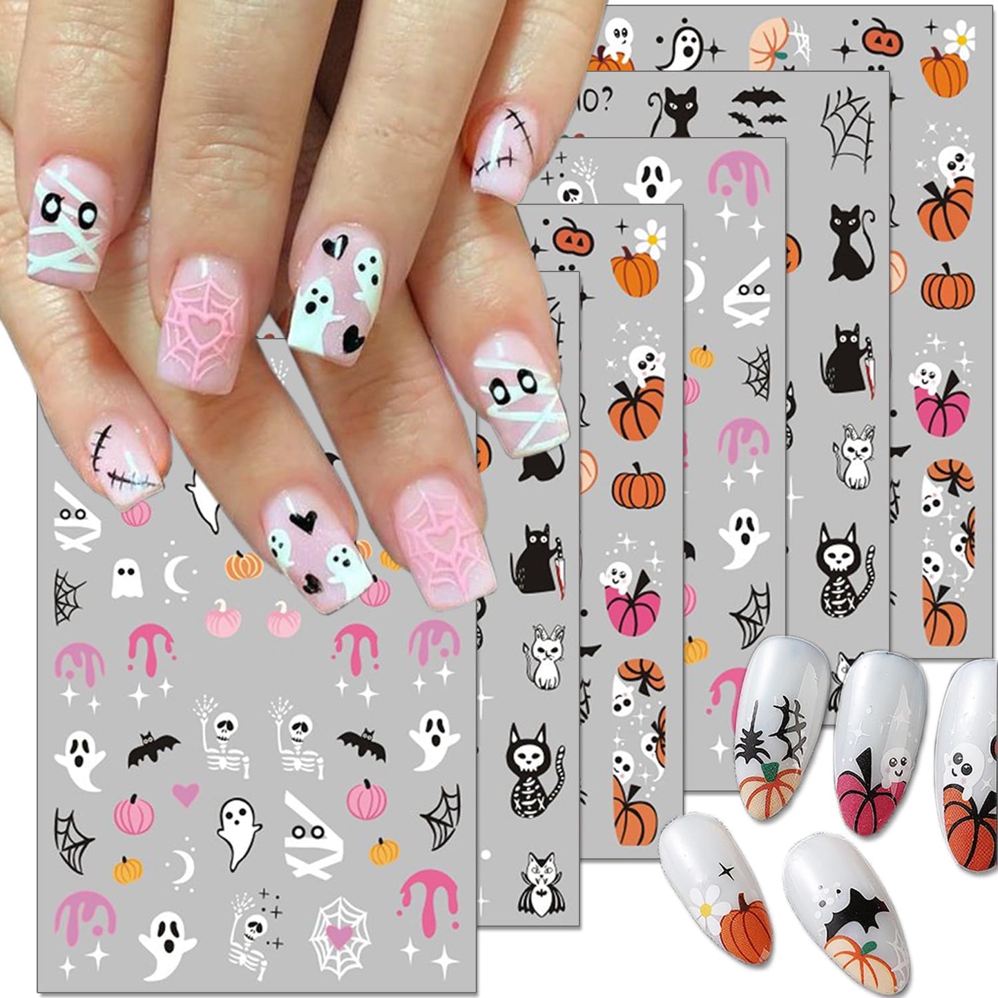 6Sheets Halloween Nail Art Stickers 3D Cute Zombie Ghost Decals Pumpkin Blood Skull Spooky Design Black Cat Gothic Supplies for Women DIY
