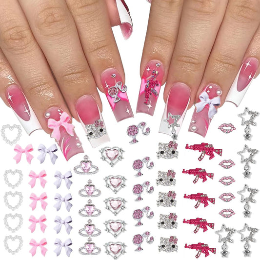 Barbiecore Nail Charms, Pink Gun Head Lip Heart Saturn Rhinestione Nail Art Charms Nail Jewelry Decorations Acrylic Nail Gems Accessories for Women Girl DIY Crafts Supplies