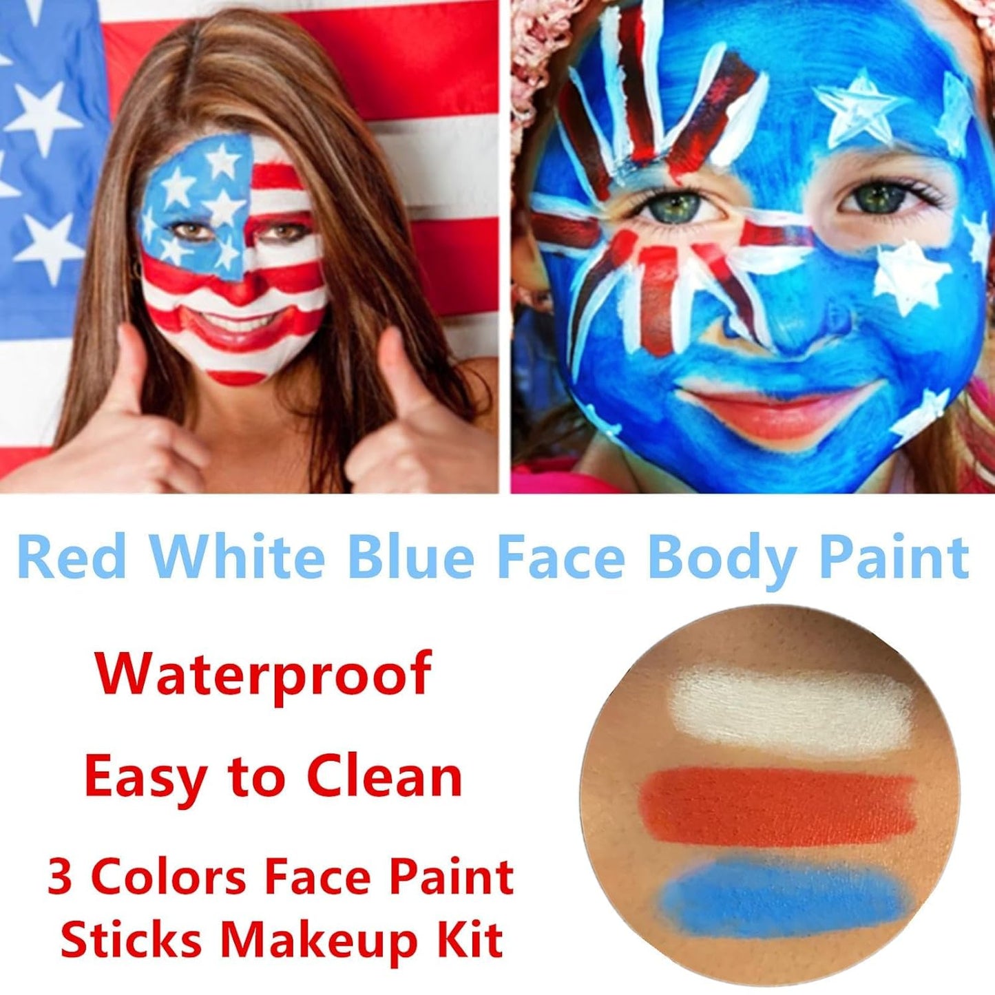Go Ho 3 Colors Red White and Blue Face Paint Stick-Waterproof Eye Black Face Body Paint Professional Halloween SFX Queen of Hearts,Sally Makeup,Safe Facepaint Nose&Lip Smacking Sticks