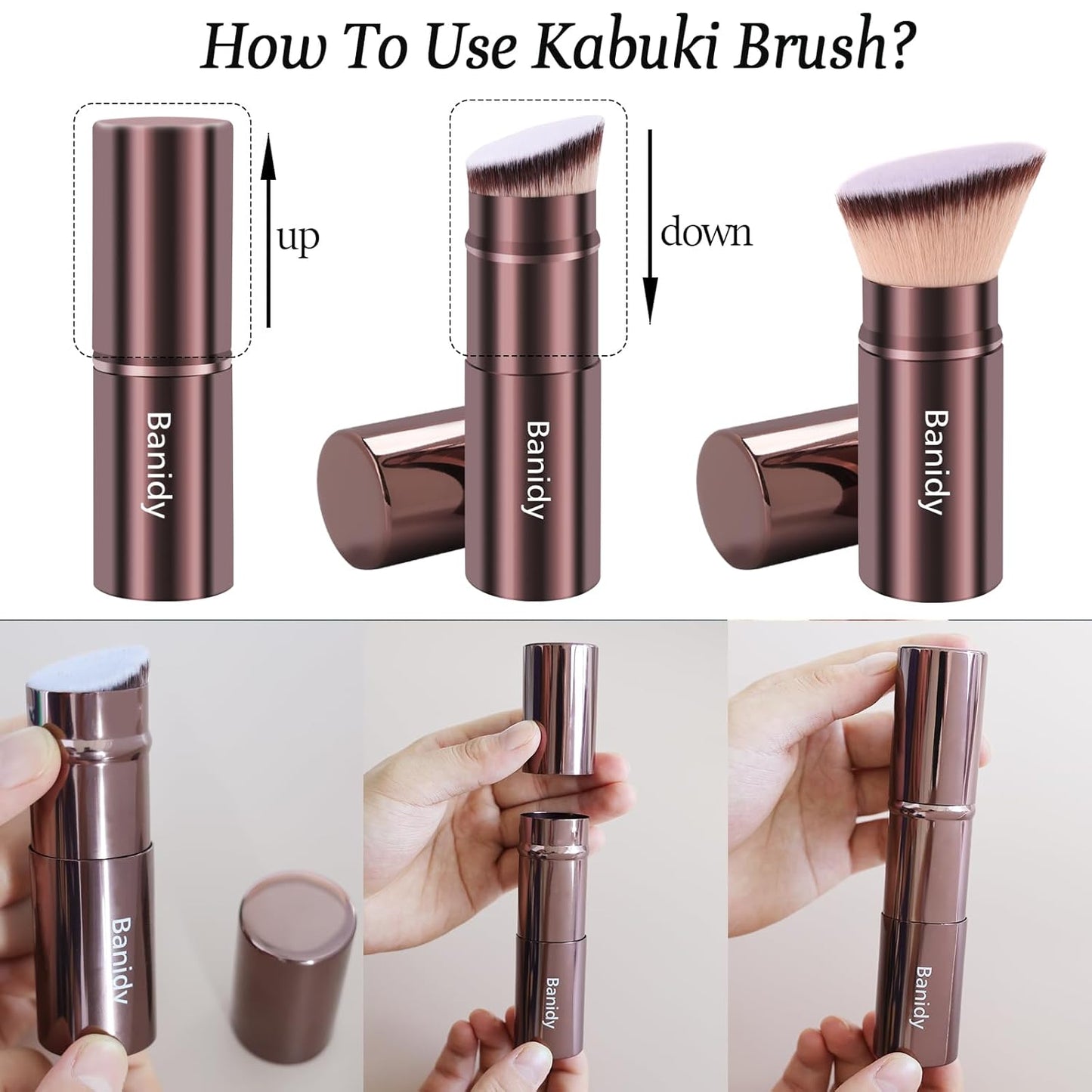 Makeup Brush Kabuki Face Brushes Retractable Travel Blush Kabuki Brush Portable Flawless for Foundation, Powder Blush, Bronzer, Buffing, Liquid, Cream, Cruelty Free with Cover(Brown)