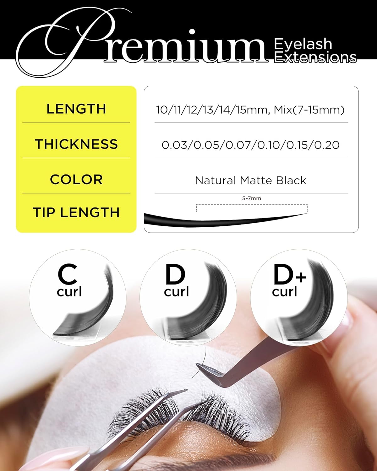 BEYELIAN Eyelash Extension Natural Matte Black 0.05 C Curl 7-15mm Tray Easy Fan Lash Extensions Volume Lashes 100°/212°F High Temperature Resistant Classic Professional Use (0.05 C 15mm)